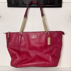 COACH Designer Ava Chain Red Leather Shoulder Tote Purse